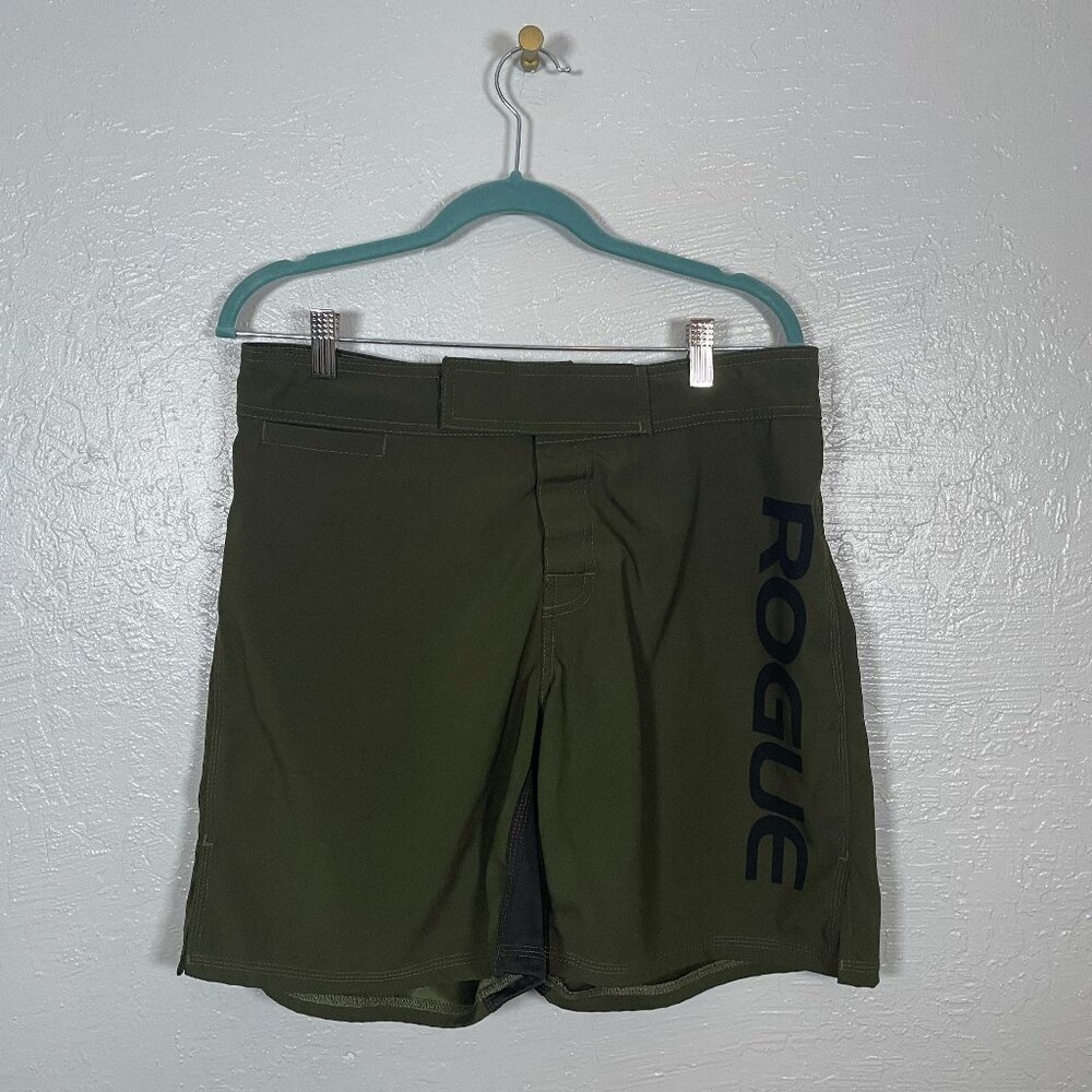 Rogue Fitness Men 32 Green Black CrossFit Shorts Hook Loop Closure Lifting